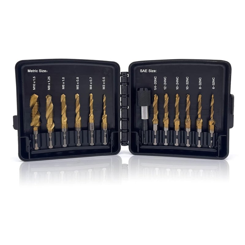 DKIBBITH Combination Drill & Tap Bit Set, 6 pc SAE (6-32NC ~ 1/4-20NC) and 6 pc Metric (M3 ~ M10) Titanium Coated Drill Bits Kit for Drilling Screw Threads Tapping Countersinking, with Quick Change Adapter - Image 1